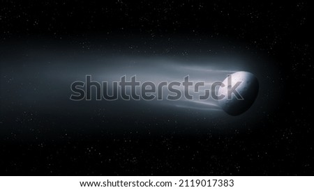 Large comet flies in space against the background of stars. Tail and nucleus of a comet. Observation of celestial bodies.  Royalty-Free Stock Photo #2119017383