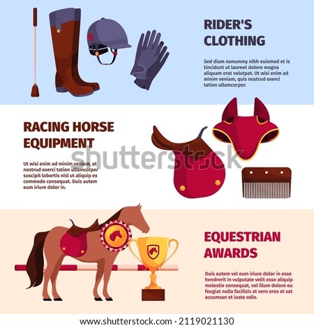 Equestrian banners. Tools for care sport equestrian horses garish vector horizontal templates for print design project with place for text Royalty-Free Stock Photo #2119021130
