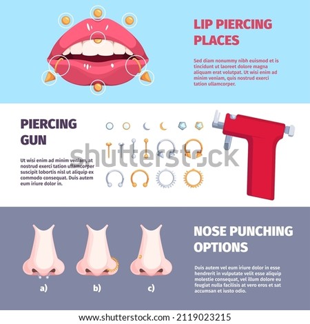 Piercing banners. Body and face decorative elements dots arrows metallic rings piercing nose eyes and lips garish vector printing design templates