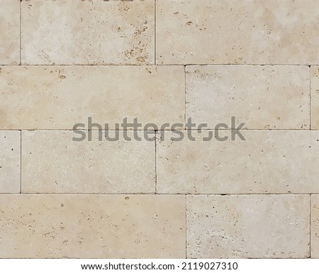 seamless texture of travertine stone wall blocks, masonry, texture or pattern Royalty-Free Stock Photo #2119027310