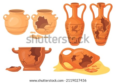 Cartoon broken pottery. Old cracked ceramic vases, history archeology urn for museum, ancient clay pots jar jug vessel, greece or roman artefacts, isolated neat vector illustration and broken pottery Royalty-Free Stock Photo #2119027436
