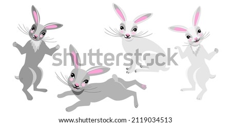 Collection of some cute rabbits, hand draw. Easter symbol. Rabbit bunny kids illustration isolated on white. Hare wild animal set. Vector illustration