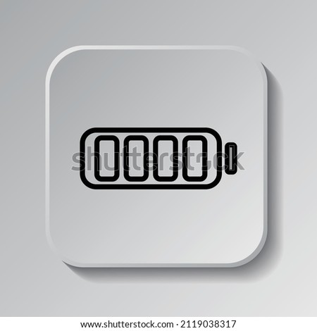 Battery simple icon, vector. Flat desing. Black icon on square button with shadow. Grey background.ai