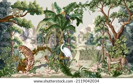 Jungle landscape with animals. Interior vector print.