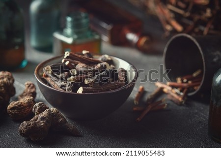 Black bowl of Common comfrey or symphytum officinale roots. Dried comfrey officinalis roots, knitbone and Bistort, Snakeweed. Bottles of infusion and tincture. Alternative herbal medicine. Royalty-Free Stock Photo #2119055483