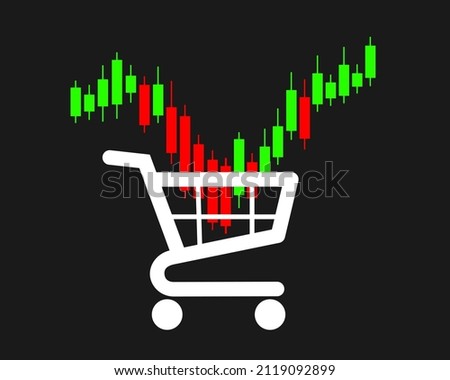 Buy the dip - investing and trading on stock market. Fluctuation of price and value. Shopping cart and candlestick chart. Vector illustration isolated on black.  Royalty-Free Stock Photo #2119092899
