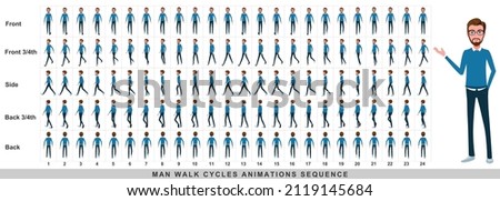 Walking animation of businessman,Character Walk Cycle Animation Sequence. Frame by frame animation sprite sheet.Man walking sequences of Front, side, back, front three fourth and back three fourth. Royalty-Free Stock Photo #2119145684