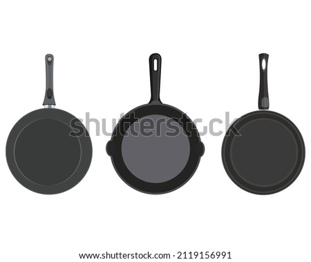 Vector illustration of frying pan set, single frying pan, red and black iron pan on white background Royalty-Free Stock Photo #2119156991