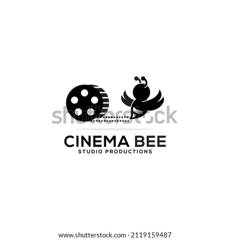 cute bee fly with films logo design, bee studio logo, vector inspiration movie maker, good for use brand industry film