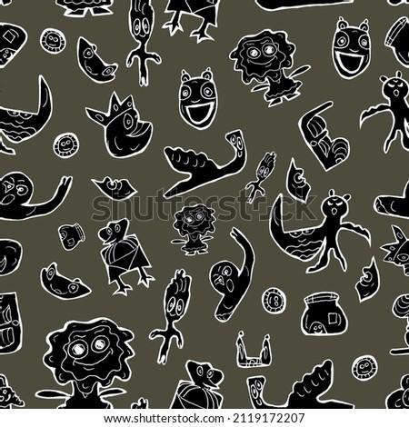 watercolor pattern of small black and white doodles, cute little animals on a dark green background for your design and interior