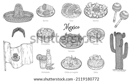 Mexican cuisine and culture icons collection, hand drawn engraving vector illustration isolated on white background. Traditional Mexican food and symbols. Royalty-Free Stock Photo #2119180772