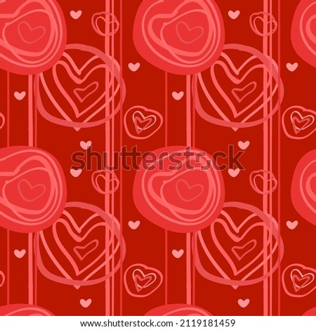 Hand drawn seamless vector with red pastel pink hearts, circles, stripes, valentines on dark red background vector seamless pattern for Instagram icon, Linkedin banner, facebook cover, textile fabric 