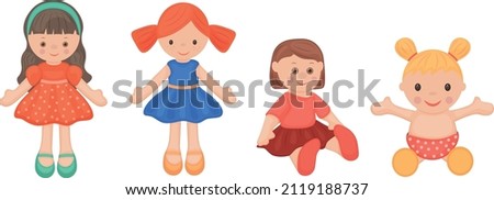 Dolls. Collection of dolls. Children s toys set, dolls in dresses. Vector illustration Royalty-Free Stock Photo #2119188737