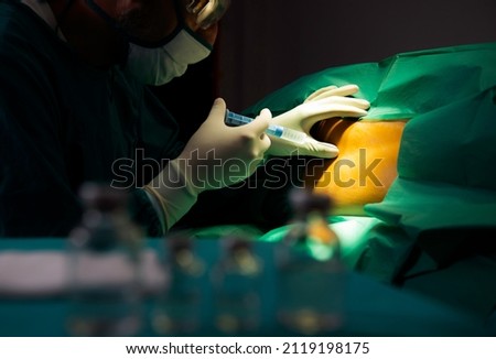 Spinal nerve block. Epidural anesthesia to pregnant woman preparation for pain relief of active labour and caesarean section, Anesthesia prepares for surgery, medical history.  Royalty-Free Stock Photo #2119198175