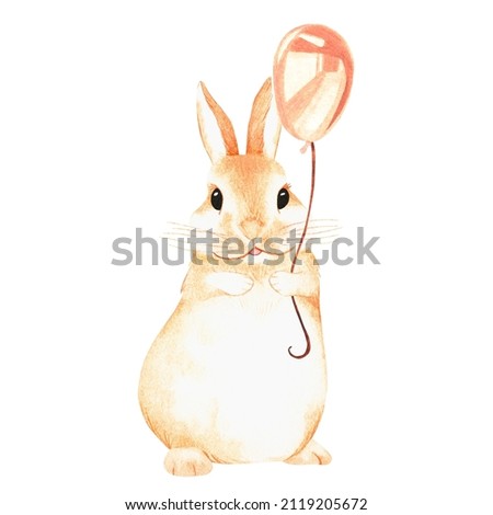 Rabbit with a balloon. Birthday. Watercolor illustration. Isolated on a white background. For design