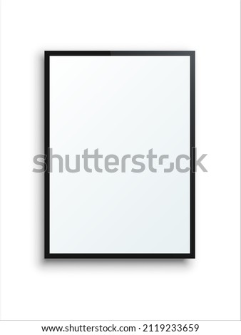 Empty black frame for picture or art photo vector illustration. 3d rectangle panel mockup with shadow and opacity, board placard or blank poster on wall of exhibition isolated on white background Royalty-Free Stock Photo #2119233659