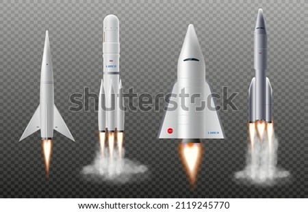 Spaceships and rockets, space shuttle templates set, realistic vector illustration isolated on transparent background. Transport for space and universe exploration. Royalty-Free Stock Photo #2119245770