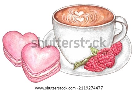 Hand-drawn watercolor illustration of a cup of coffee with two heart shaped macaroons and raspberries. Idea for posters, postcards, etc. St. Valentine's Day theme. Royalty-Free Stock Photo #2119274477