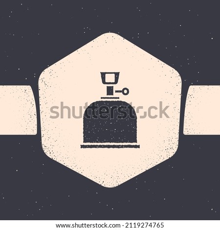 Grunge Camping gas stove icon isolated on grey background. Portable gas burner. Hiking, camping equipment. Monochrome vintage drawing. Vector Illustration