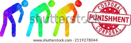 Red round grunge CORPORAL PUNISHMENT stamp seal and low-poly slave people icon with spectrum colored gradient.