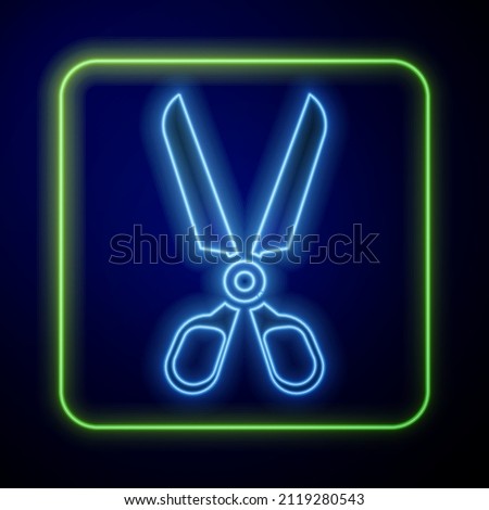 Glowing neon Scissors icon isolated on blue background. Cutting tool sign.  Vector Illustration