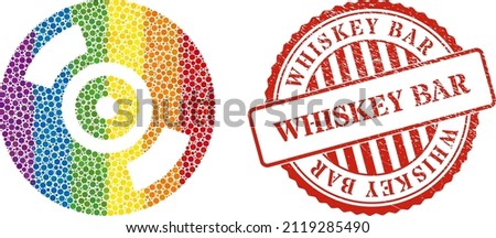 CD disc composition icon of round dots in various sizes and spectrum colored color tones. Red rounded rubber seal with Whiskey Bar text. A dotted LGBT- colored CD disc for lesbians, gays, bisexuals,