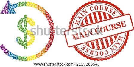 Chargeback composition icon of spheric dots in variable sizes and spectrum colored color hues. Red rounded scratched stamp with Main Course text. A dotted LGBT- colored chargeback for lesbians, gays,
