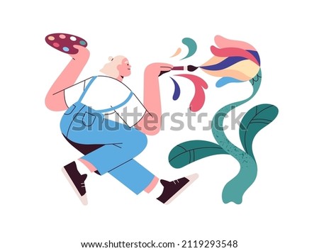 Imagination and creativity concept. Creative artist drawing with inspiration. Painter creating visual art in fantasy. Inspired creator painting. Flat vector illustration isolated on white background Royalty-Free Stock Photo #2119293548