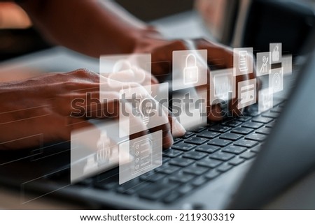 Man using laptop, on the graph Screen Icon of a media screen, Technology Process System Business with Communication and marketing concept,
