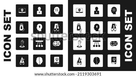 Set Solution to the problem, Sedative pills, Psychologist online, Metronome with pendulum, Comedy and tragedy masks and Helping hand icon. Vector