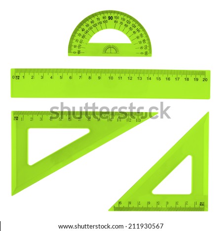 Set of multiple green plastic rulers and the protractor, isolated over the white background
