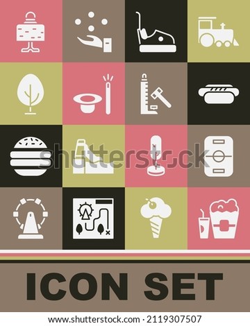 Set Popcorn in box and glass, Hockey table, Hotdog, Bumper car, Magic hat wand, Tree, ball on and Striker attraction with hammer icon. Vector Royalty-Free Stock Photo #2119307507