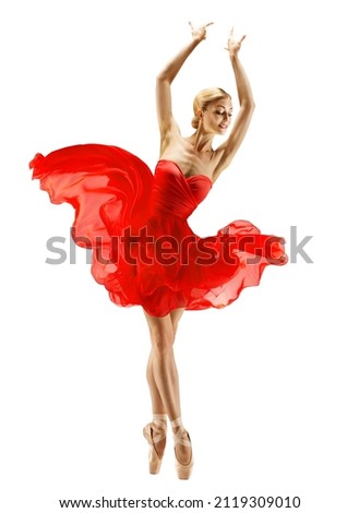 Ballerina dancing in Red Tutu Dress over White. Ballet Dancer Silhouette in Flying Chiffon Skirt over White Studio Background. Girl Balance in Ballerina Shoes