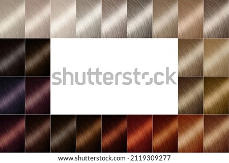 Hair dye shades. Hair color palette with a wide range of swatches showing color swatches arranged in neat rows on a postcard. Printing. A set of hair dyes. Various colors. 