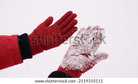 Close-up view stock image of cute snowy red gloves on hands of woman standing outdoors in snowy park background. One glove is clean and dry another wet and snowy. Christmas time