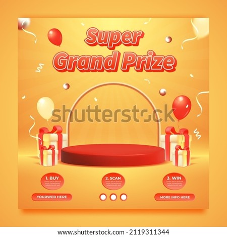 Grand prize invitation contest social media template, 3d podium and gift box Royalty-Free Stock Photo #2119311344