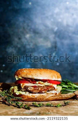 Veggie burger with falafel. Vegetarian meat, veg hamburger, vegetable cutlet background