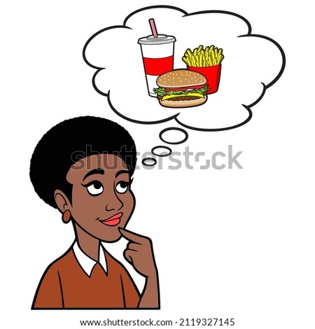 Black Woman thinking about eating Fast Food - A cartoon illustration of a Black Woman thinking about going out for  Fast Food.