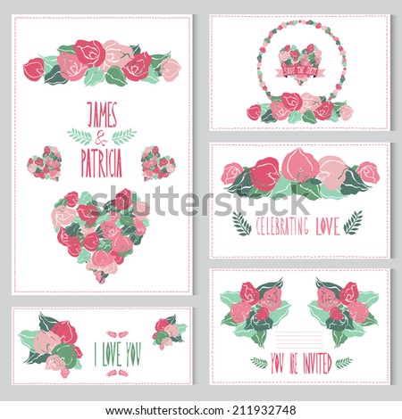 Elegant cards with calla bouquets, hearts and wreath, design elements. Can be used for wedding, baby shower, mothers day, valentines day, birthday cards, invitations. Vintage decorative flowers.