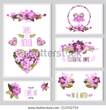 Elegant cards with orchid bouquets, hearts and wreath, design elements. Can be used for wedding, baby shower, mothers day, valentines day, birthday cards, invitations. Vintage decorative flowers.