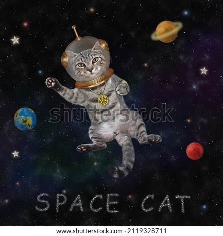 A gray cat astronaut in a spacesuit floats in outer space among the stars and planets.