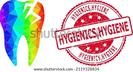 Red round textured HYGIENICS,HYGIENE stamp seal and low-poly tooth fracture icon with spectrum vibrant gradient.
