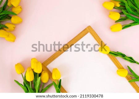 mock-up of a white square frame with yellow tulips on a pink background.Frame or background for Valentine's Day. The concept of holidays, spring composition.