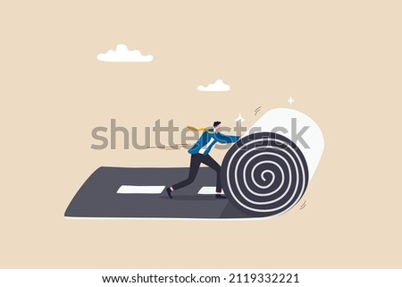 Develop career path or create success way, begin new road to achieve target or entrepreneur plan ahead way their own way concept, confident businessman rolling the road carpet to walk to success. Royalty-Free Stock Photo #2119332221