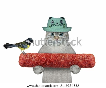 An ashen cat in a hat holds a dried sausage. White background. Isolated.