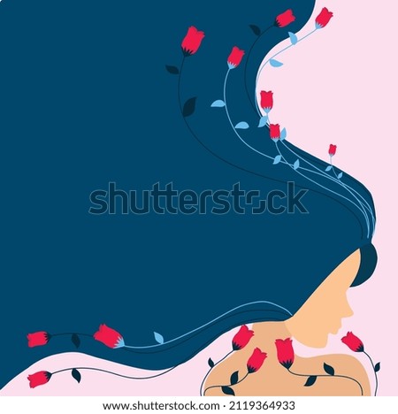 Blue haired women with red flowers Vector Illustration. Creative artwork hand drawing Royalty-Free Stock Photo #2119364933