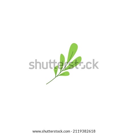 Green curved grass twig with leaves. Plant sprig or sproutIsolated on white. Flat design. Vector illustration. Ecology frame. Floral clip art. Eco logo. Nature symbol