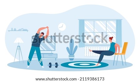 Fitness at home. Man and woman doing physical exercise in living room. Characters doing sport, leading healthy lifestyle. Having workouts to keep fit body vector, wellness and healthcare concept Royalty-Free Stock Photo #2119386173