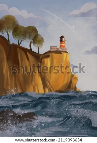 Sea landscape. Rock, raging sea, waves, lighthouse and trees against the backdrop of a cloudy sky.
Blue rippling sea with sea foam. Foam crashing on rocks Royalty-Free Stock Photo #2119393634