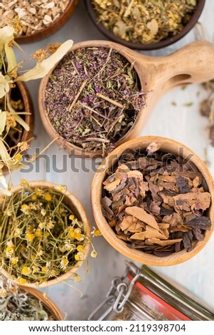 Dry herbs for medicinal tea. Top view collection